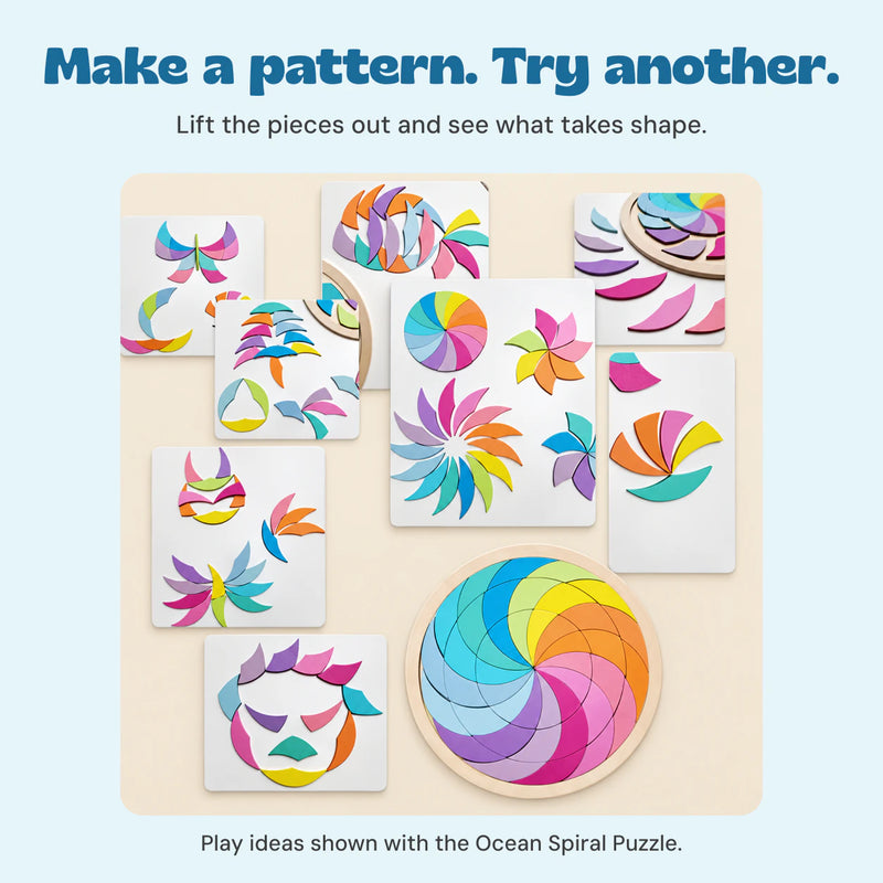 Ideas for rearranging the curved Ocean Spiral puzzle pieces into colourful patterns
