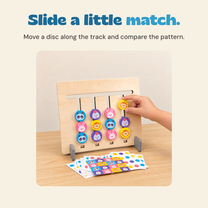 An existing hand moves the yellow monkey disc in the rightmost track of the actual animal matching board.