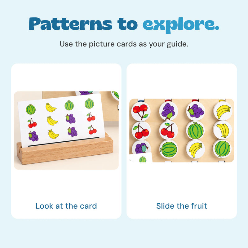 Close-ups show the actual fruit pattern card in its wooden holder and corresponding cherry, grape, watermelon and banana discs on the fruit board.