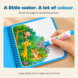 An adult hand brushes a blue water pen over a jungle animal page to reveal colour. Pages vary by theme.
