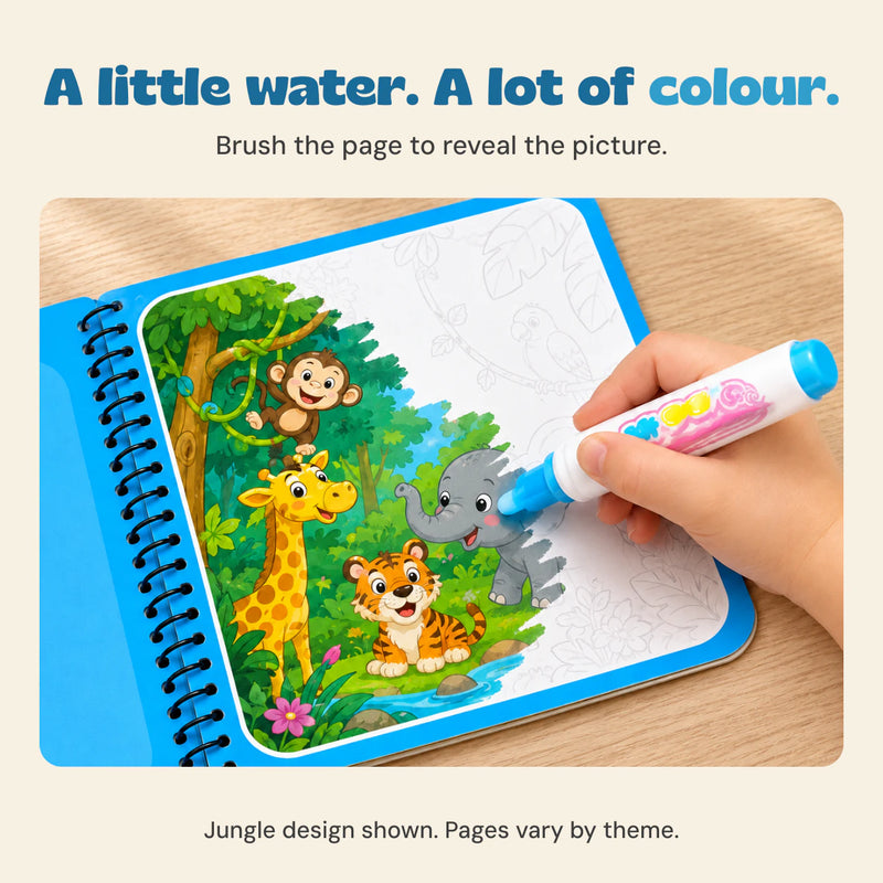 An adult hand brushes a blue water pen over a jungle animal page to reveal colour. Pages vary by theme.