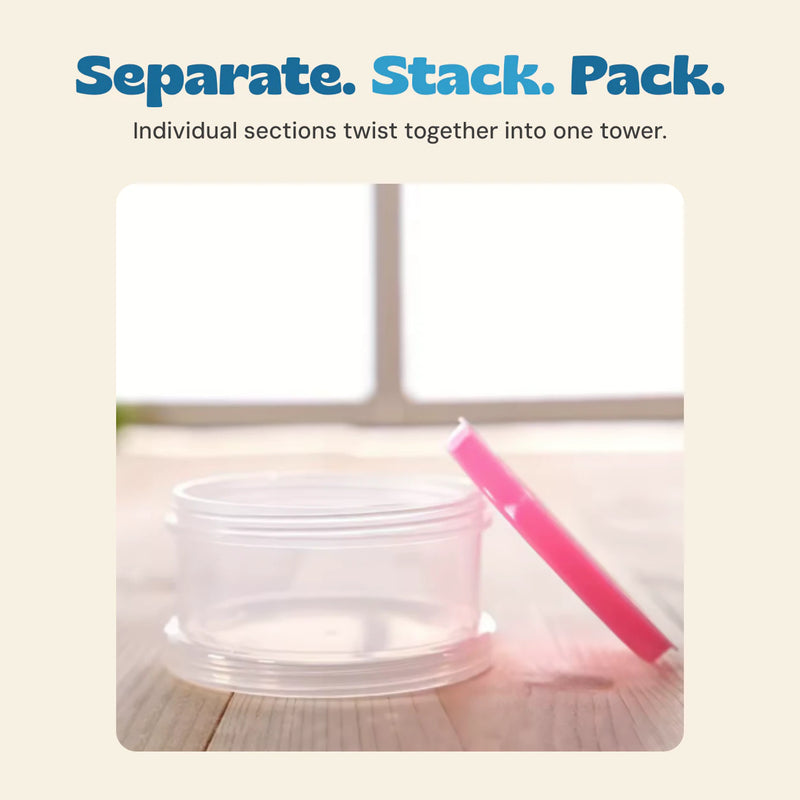 A clear dispenser section and its pink threaded connector shown separately on a tabletop.