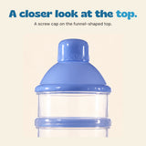 Close view of the blue funnel-shaped dispenser top, ribbed screw cap and upper clear section.