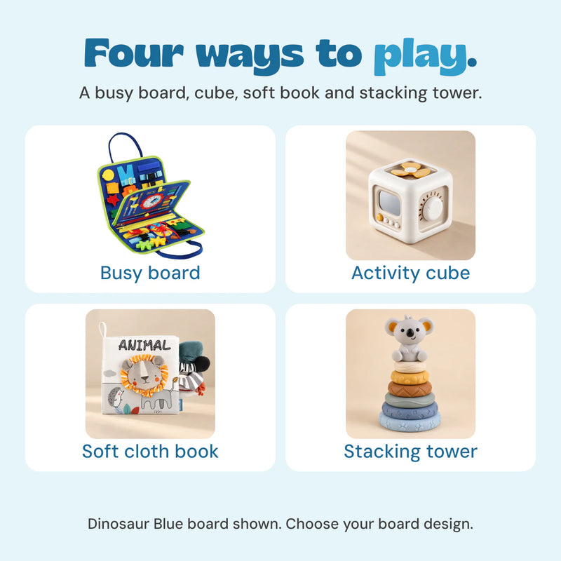 The four included toys shown separately: busy board, off-white activity cube, ANIMAL lion cloth book and koala stacking tower.