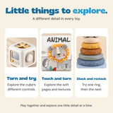 Close views of the activity cube, soft lion book and textured stacking rings.