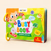 Green Busy Book with its original colourful cover design, two yellow binding rings and printed six-themes badge on smooth warm beige.