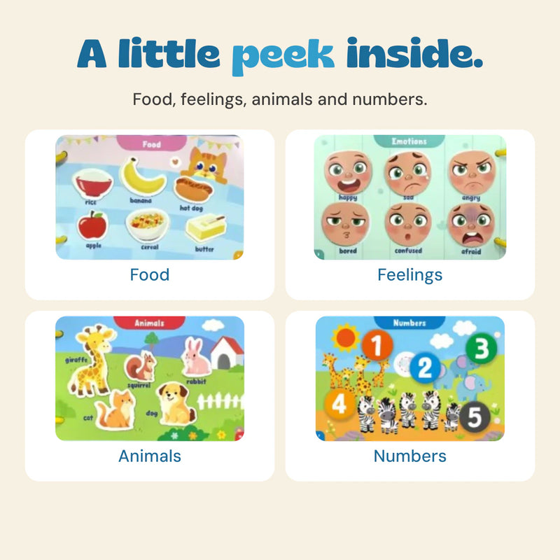Four original interior page details showing food, feelings, animals and numbers with their actual printed pictures and words.
