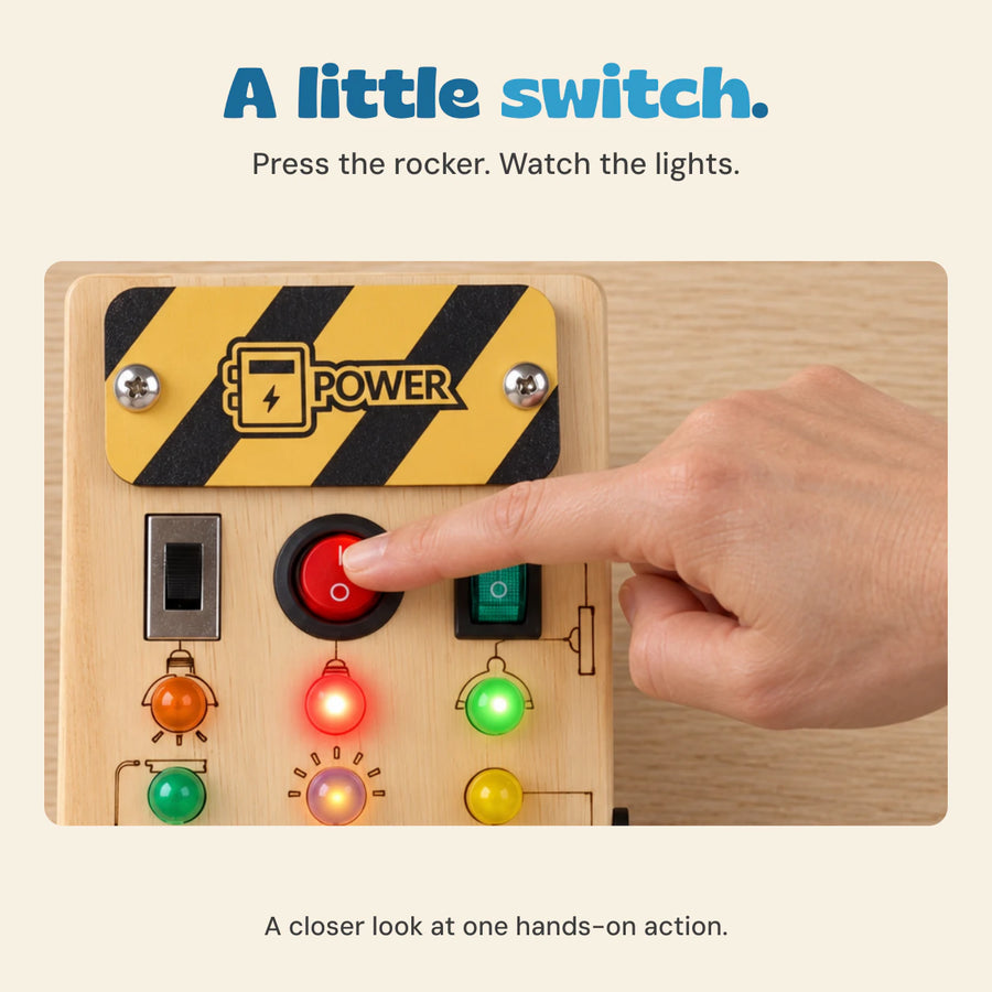 An adult finger presses the red rocker switch beside the coloured lights, shown in a close view of the upper board.