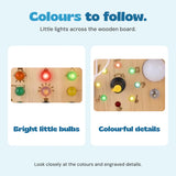 Original close views show coloured bulbs and small lights with engraved musical symbols on the wooden board.