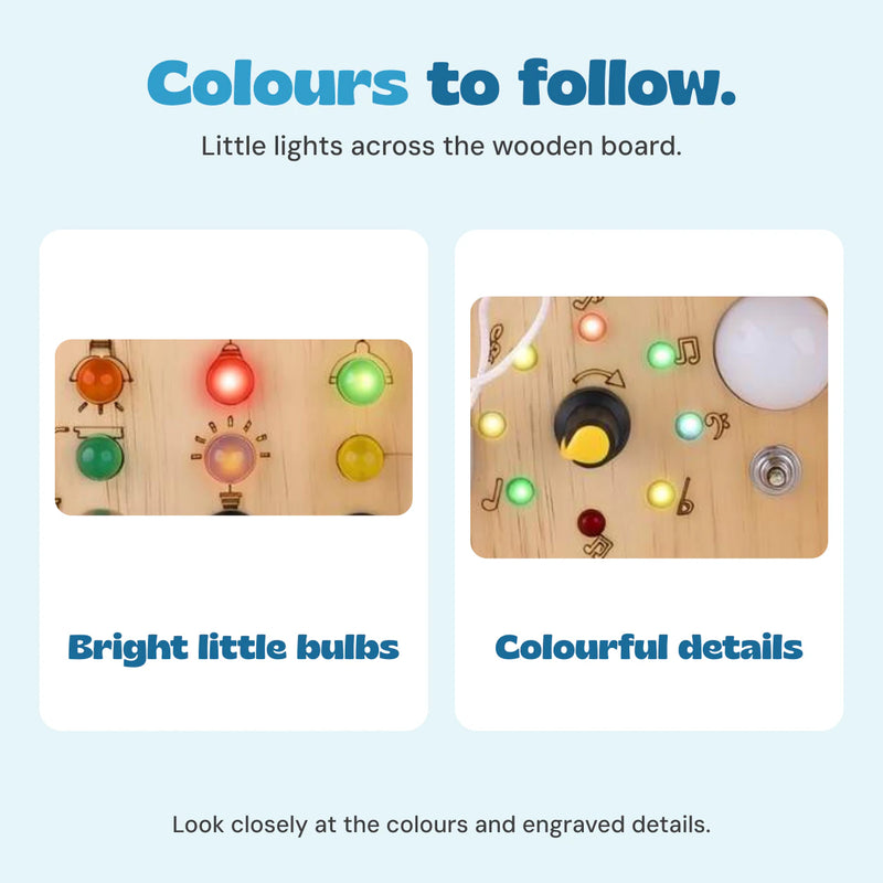 Original close views show coloured bulbs and small lights with engraved musical symbols on the wooden board.