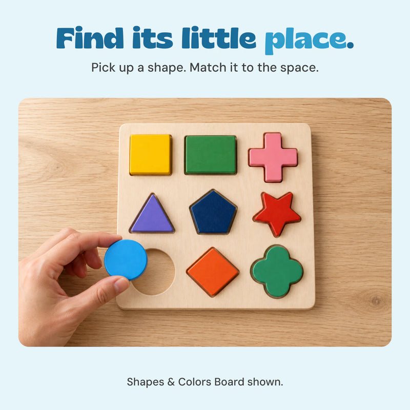 An adult hand places the blue circle above its empty circular recess on the Shapes & Colors Board.