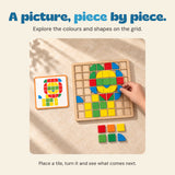 A hand places a blue curved tile on a colourful wooden mosaic grid beside an orange-bordered picture card.