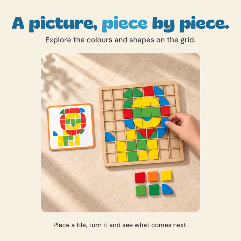 A hand places a blue curved tile on a colourful wooden mosaic grid beside an orange-bordered picture card.