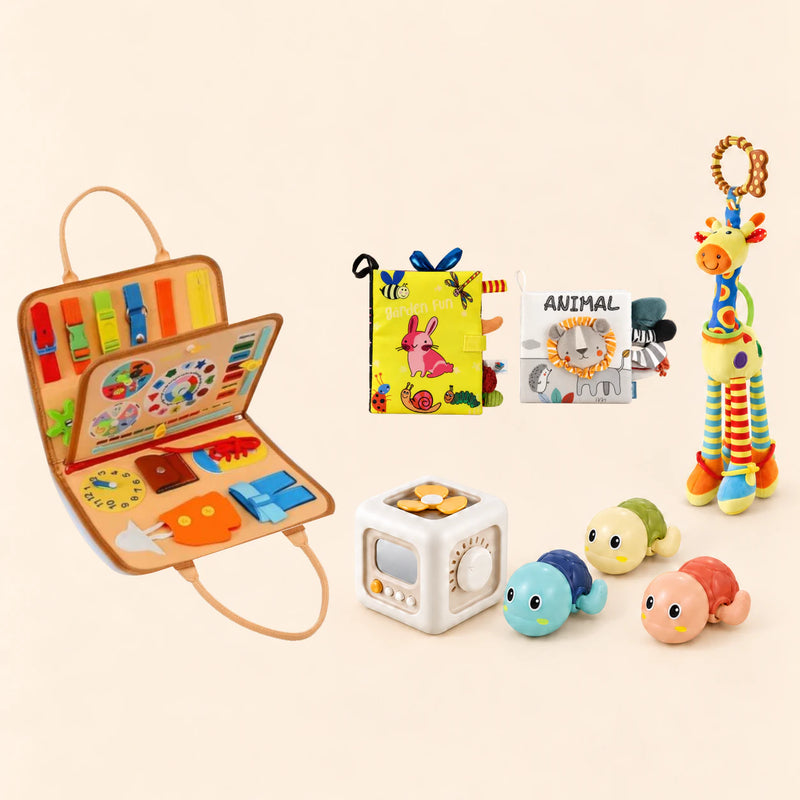 Animal Orange busy board with a busy cube, Garden Fun cloth book, Animal lion soft book, giraffe rattle and three turtle bath toys on a pale beige background.