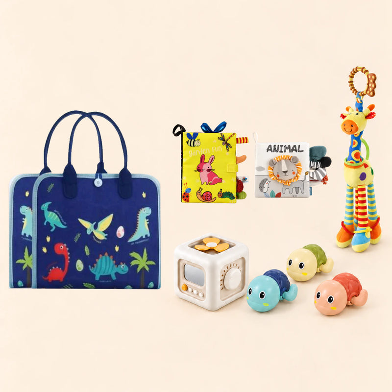 Dinosaur Blue Plus busy board with a busy cube, Garden Fun cloth book, Animal lion soft book, giraffe rattle and three turtle bath toys on a pale beige background.