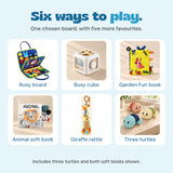 Six included product types: one chosen busy board, busy cube, Garden Fun book, Animal soft book, giraffe rattle and three turtles.