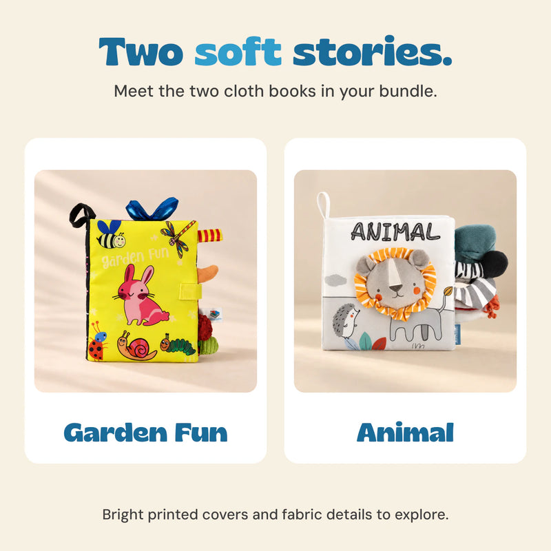 The yellow Garden Fun cloth book and grey Animal lion soft book, both included in the No-Screen Starter Kit.