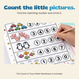A hand holds a pencil beside animal counting rows on the Count and Trace workbook page.