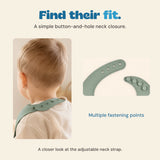 Original rear view of a child wearing the bib, beside a close-up of its four holes and four buttons.