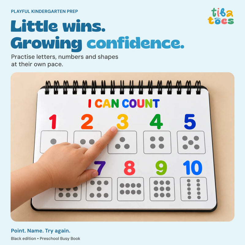 Black Preschool Busy Book: a child practises counting. Little wins. Growing confidence. Playful kindergarten preparation.