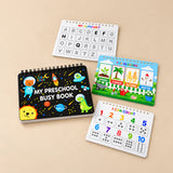 Black TibaToes Preschool Busy Book with alphabet, seasons and counting page previews arranged on a warm beige studio surface