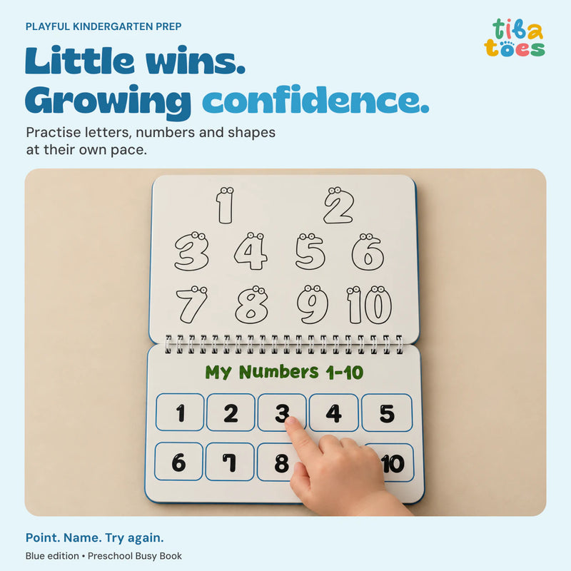 Blue Preschool Busy Book: a child practises counting. Little wins. Growing confidence. Playful kindergarten preparation.