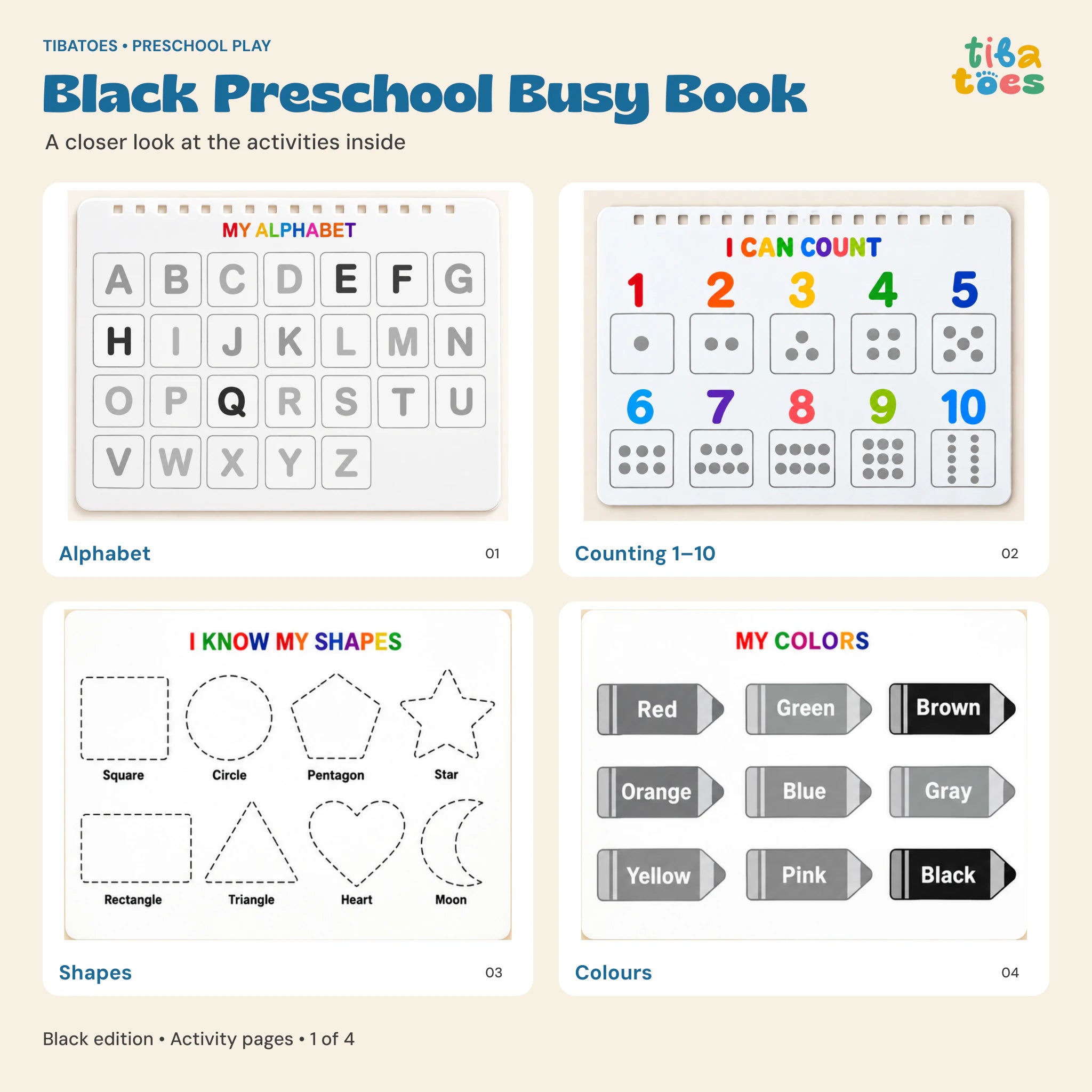 Black Busy Book alphabet, counting, shapes and colours pages