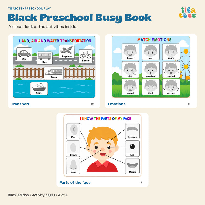 Black Busy Book transport, emotions and parts of the face pages