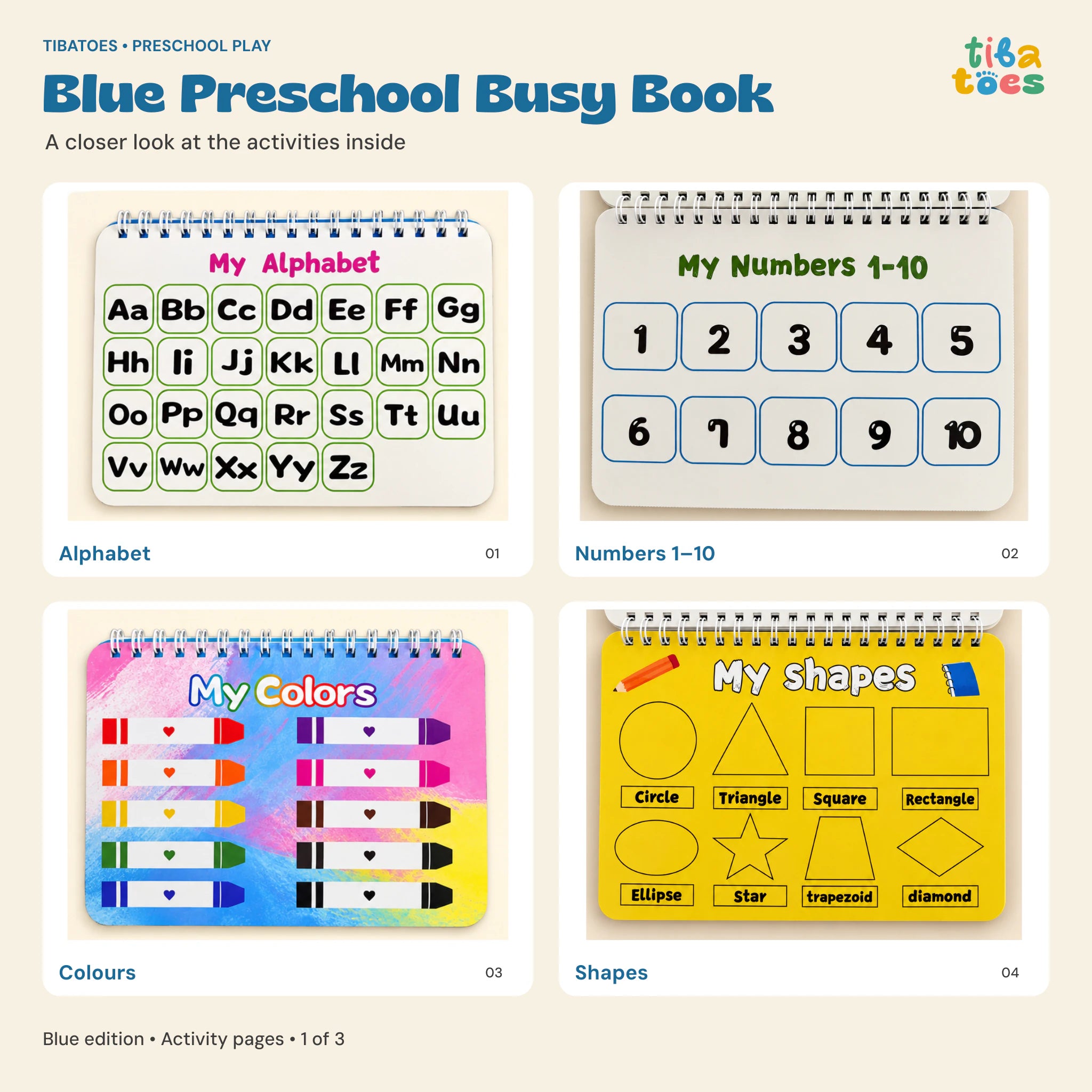 Blue Busy Book alphabet, numbers, colours and shapes pages