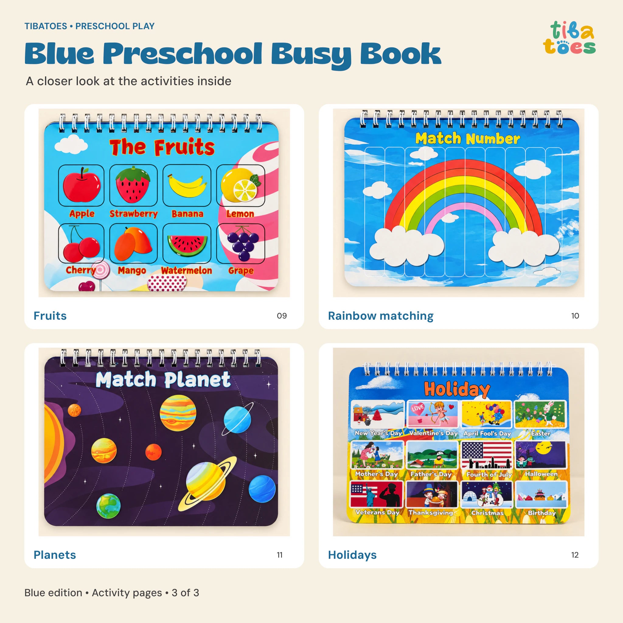 Blue Busy Book fruits, rainbow matching, planets and holidays pages
