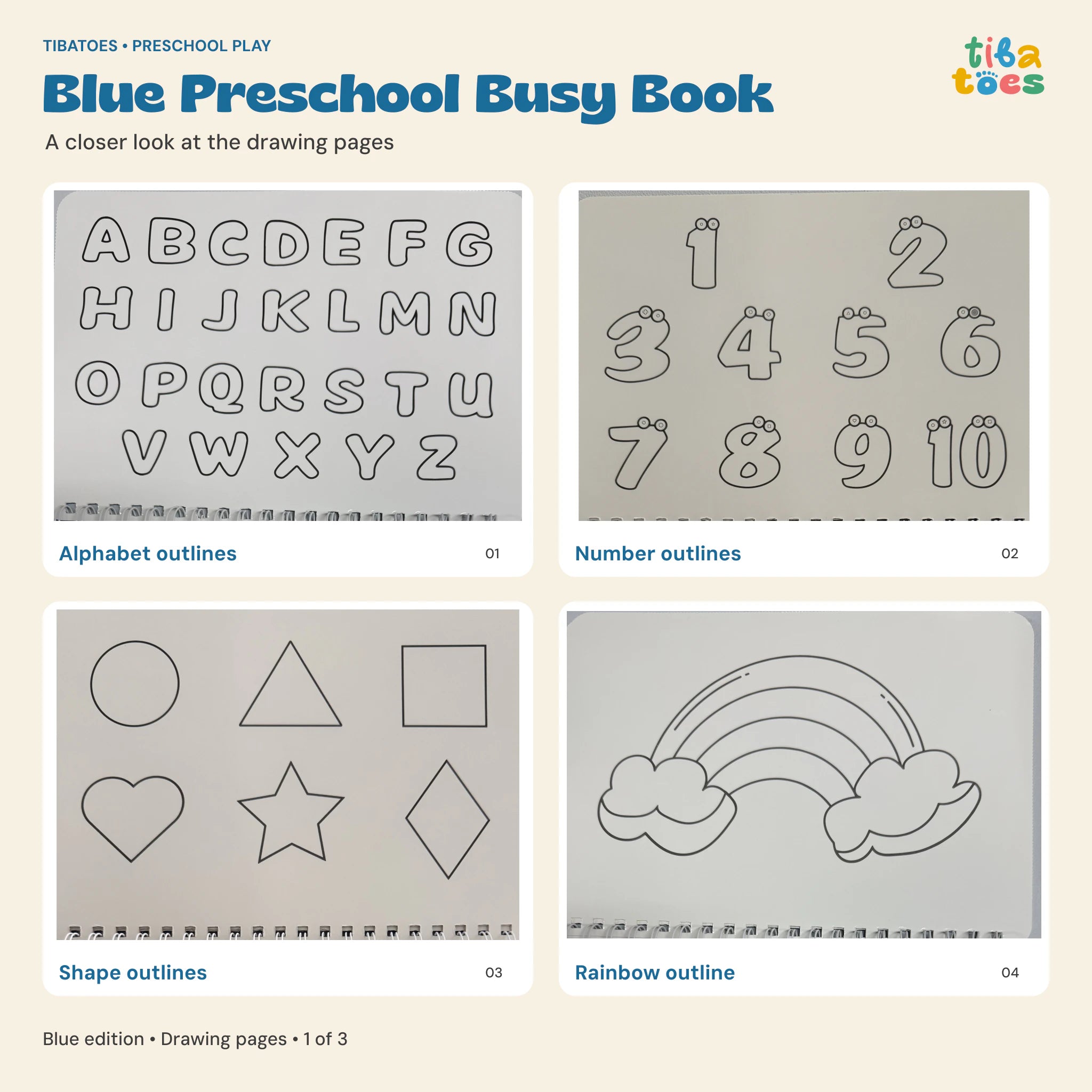 Blue Busy Book alphabet, number, shape and rainbow drawing pages
