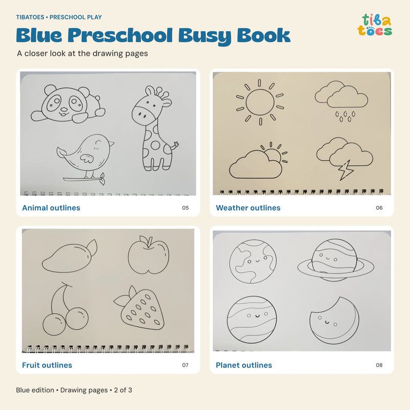 Blue Busy Book animal, weather, fruit and planet drawing pages