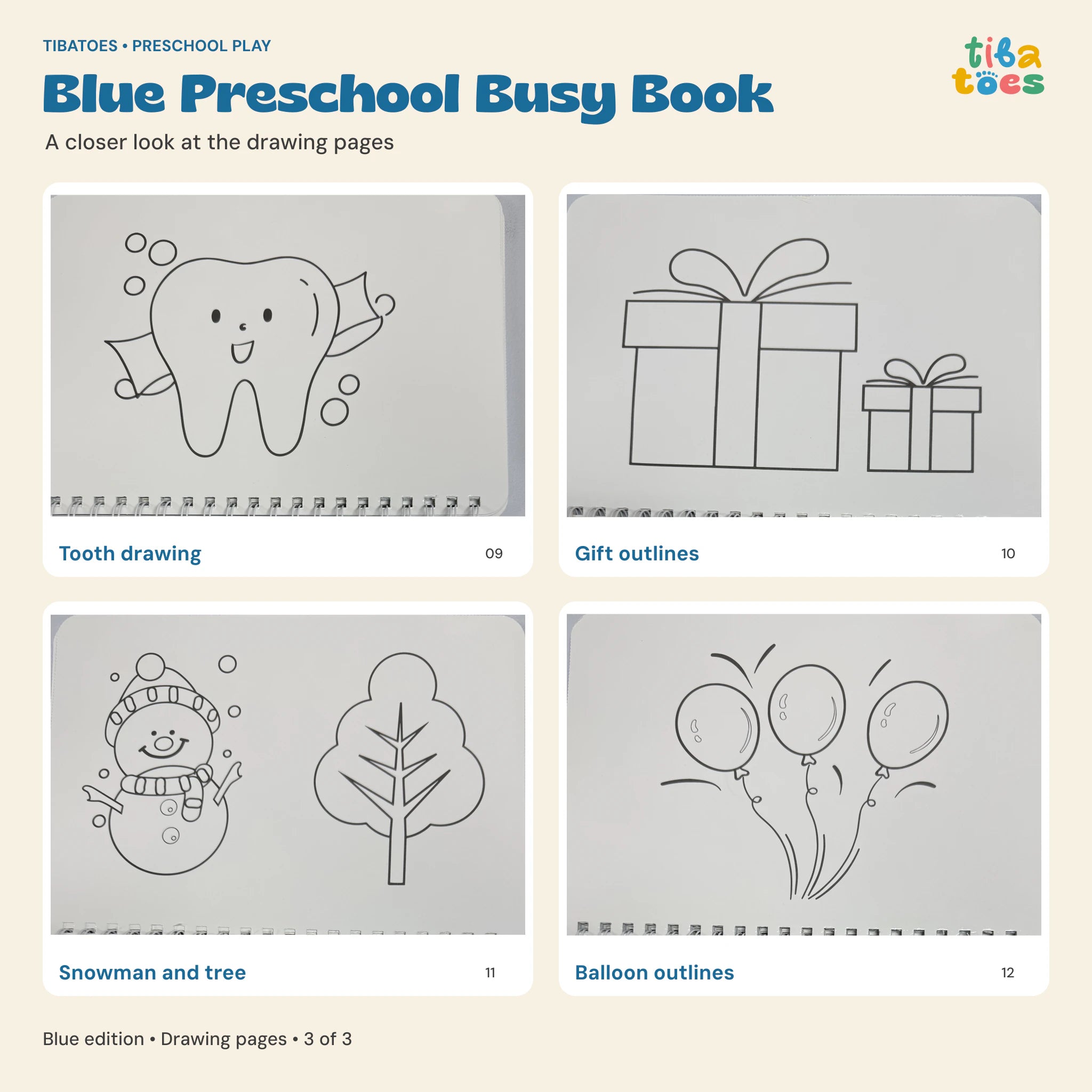 Blue Busy Book tooth, gifts, snowman, tree and balloon drawing pages