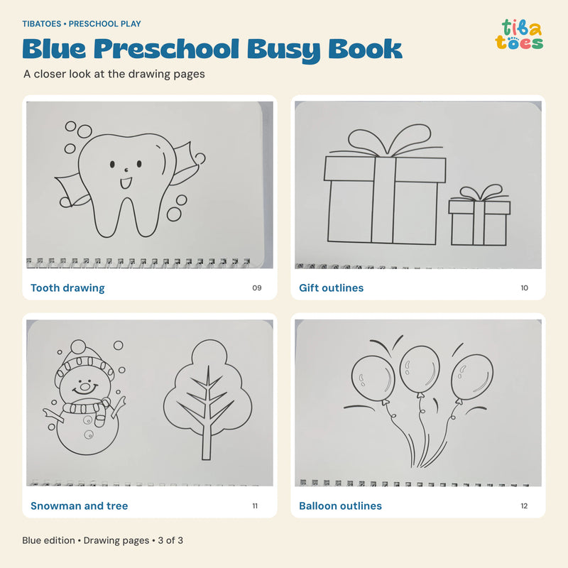 Blue Busy Book tooth, gifts, snowman, tree and balloon drawing pages