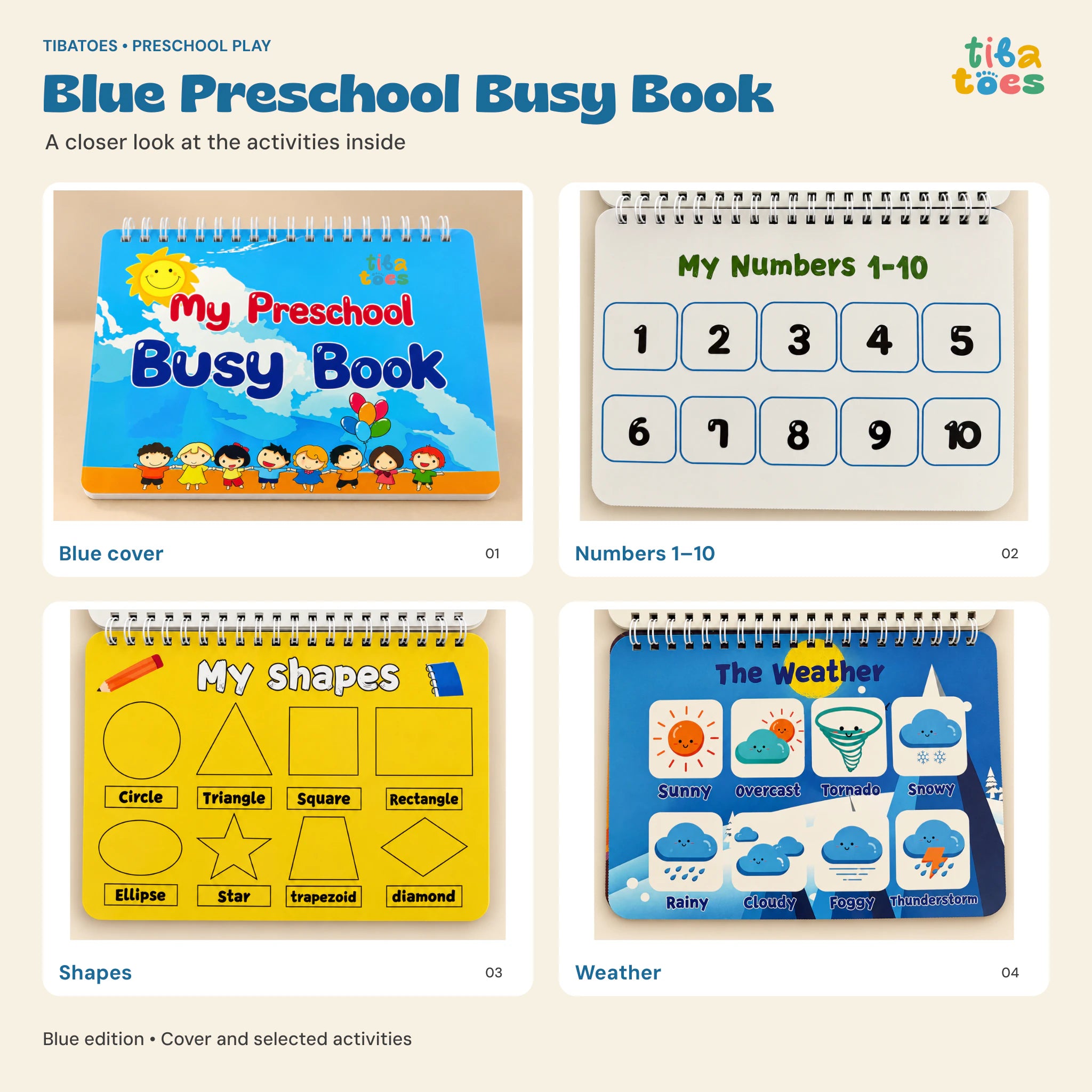 Blue Preschool Busy Book cover with number, shape and weather activities
