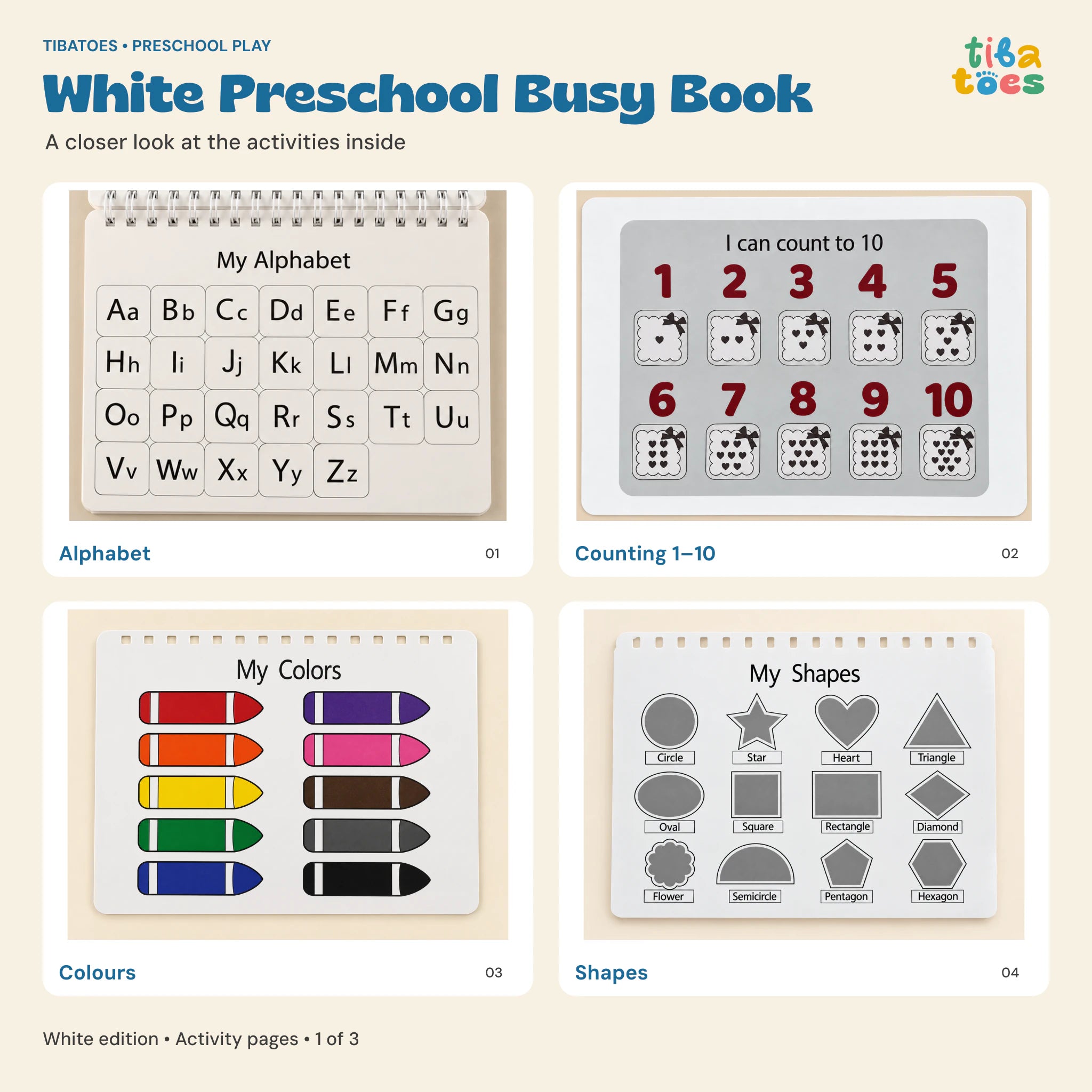 White Busy Book alphabet, counting, colours and shapes pages
