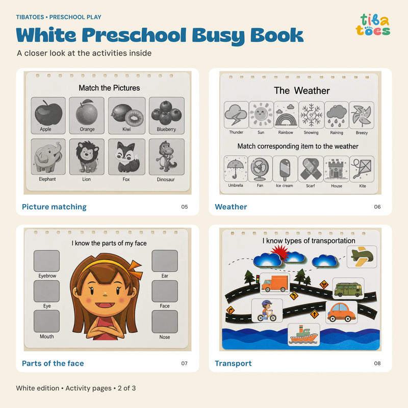 White Busy Book picture matching, weather, face and transport pages