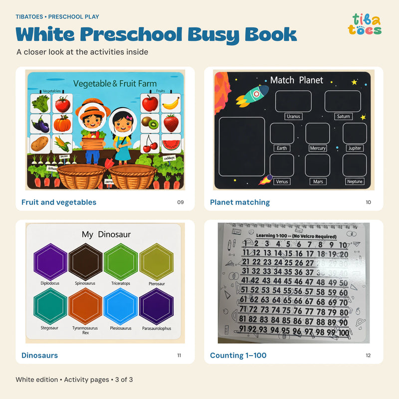 White Busy Book fruit and vegetables, planets, dinosaurs and counting to 100 pages