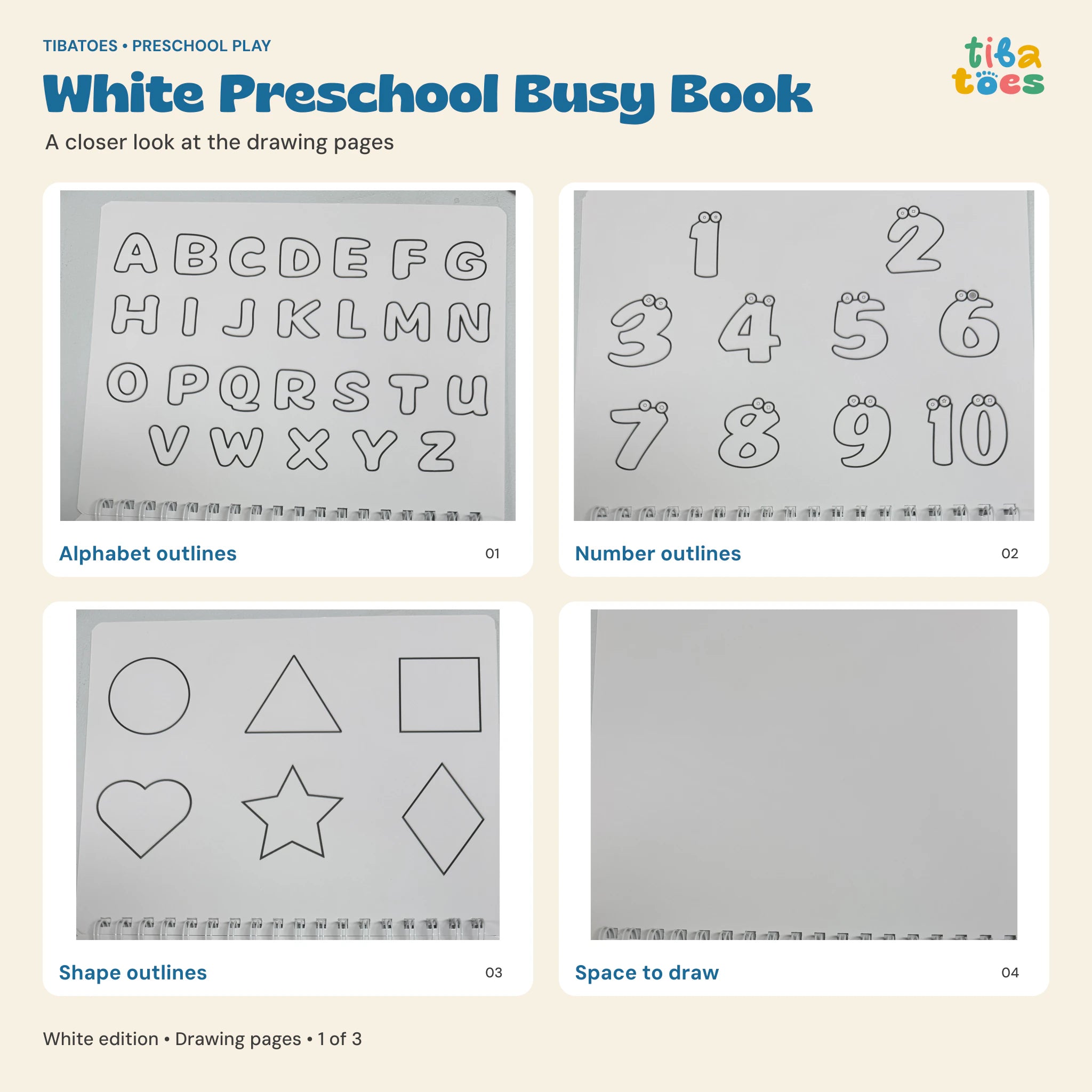 White Busy Book alphabet, number and shape outlines with a blank drawing page