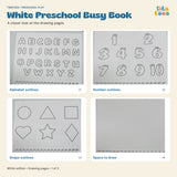 White Busy Book alphabet, number and shape outlines with a blank drawing page