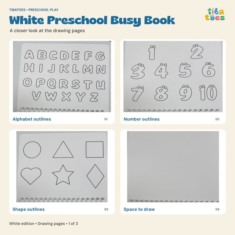 White Busy Book alphabet, number and shape outlines with a blank drawing page