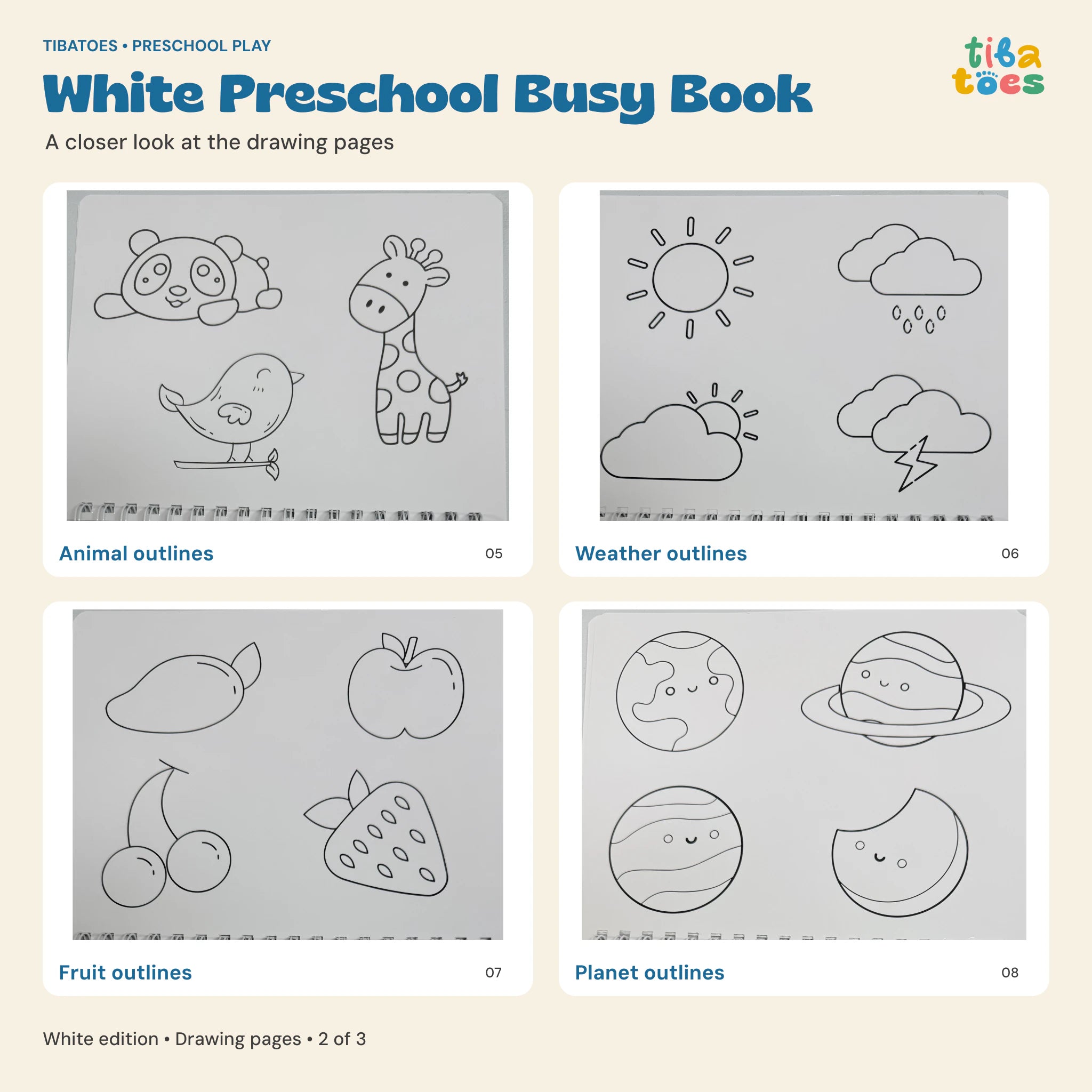 White Busy Book animal, weather, fruit and planet drawing pages