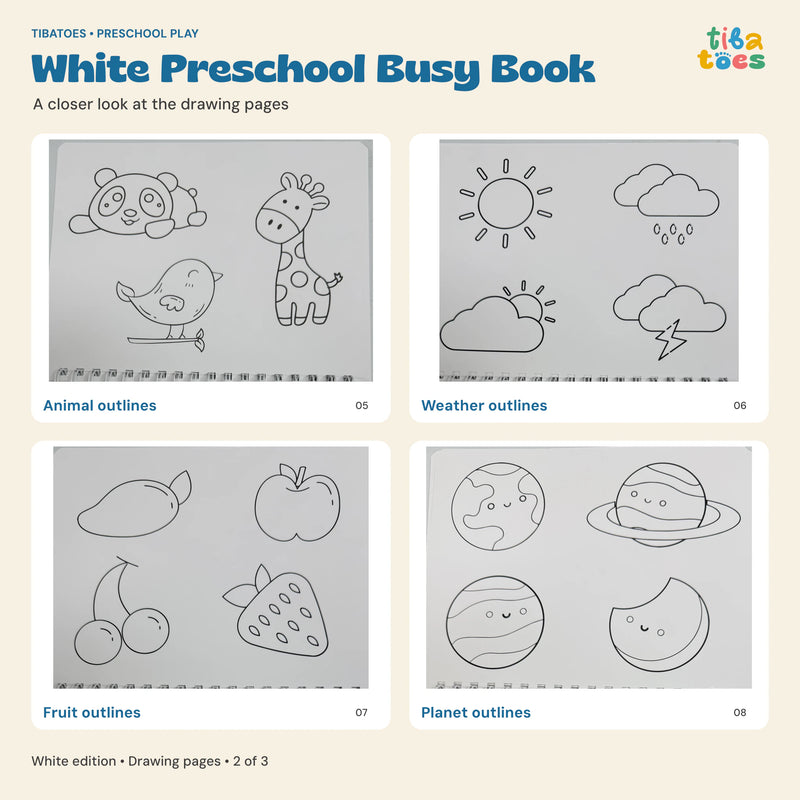White Busy Book animal, weather, fruit and planet drawing pages