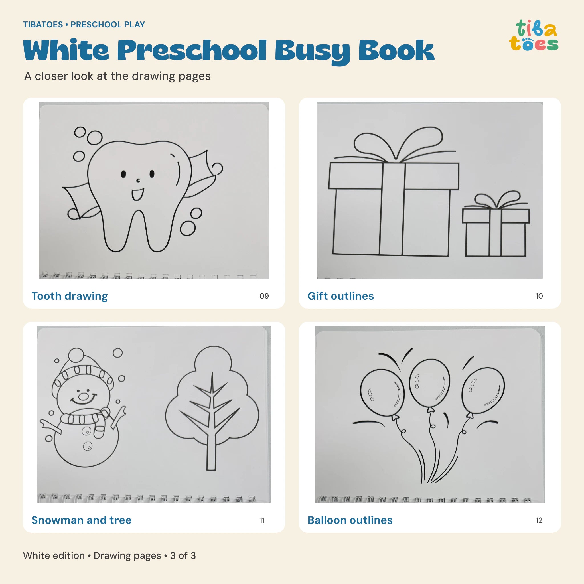 White Busy Book tooth, gifts, snowman, tree and balloon drawing pages