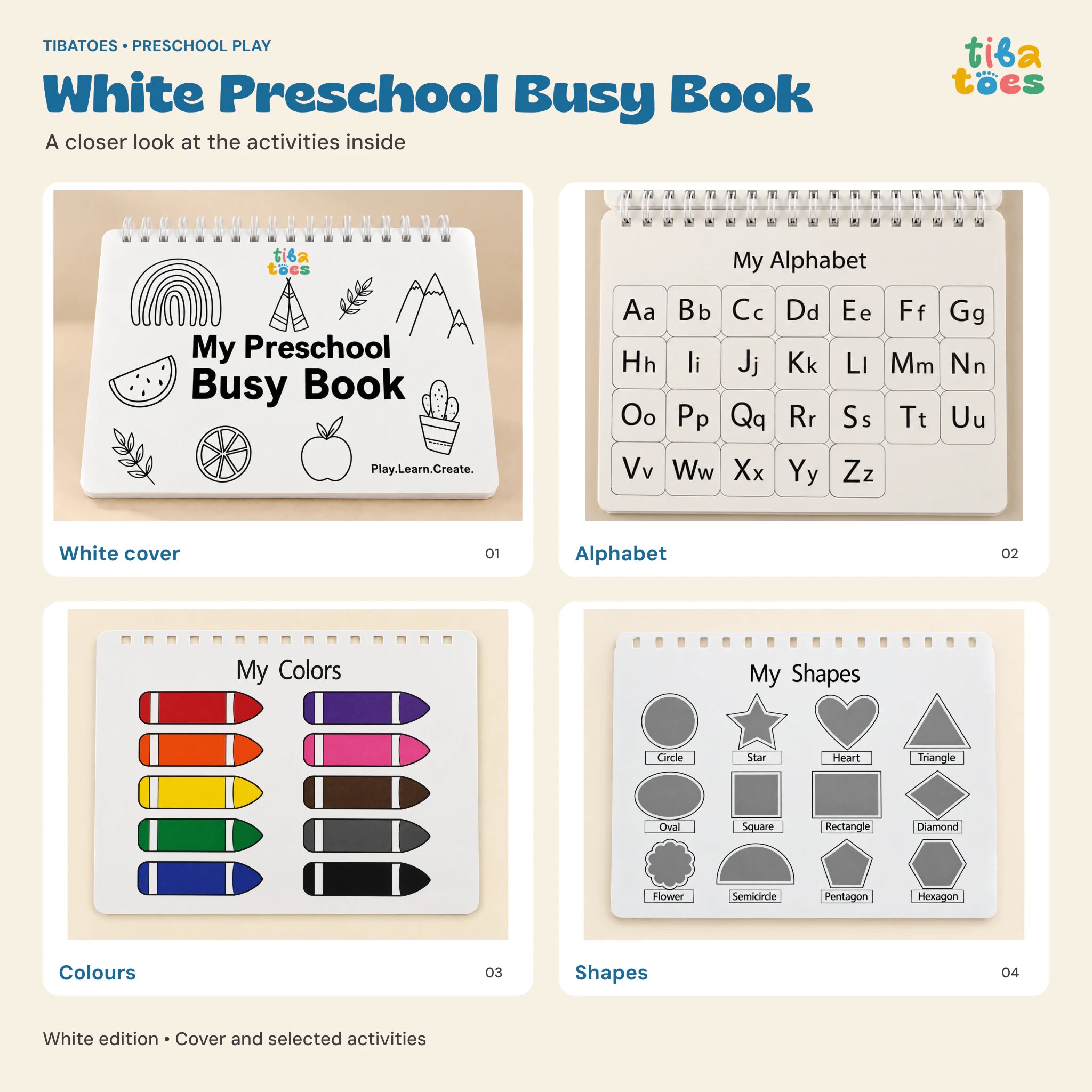 White Preschool Busy Book cover with alphabet, colour and shape activities