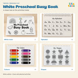 White Preschool Busy Book cover with alphabet, colour and shape activities