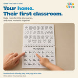 White Preschool Busy Book: adult and child explore the alphabet together. Your home. Their first classroom.