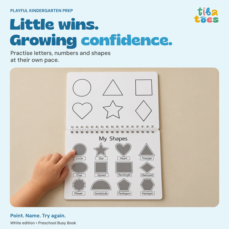 White Preschool Busy Book: a child practises shape recognition. Little wins. Growing confidence. Playful kindergarten preparation.