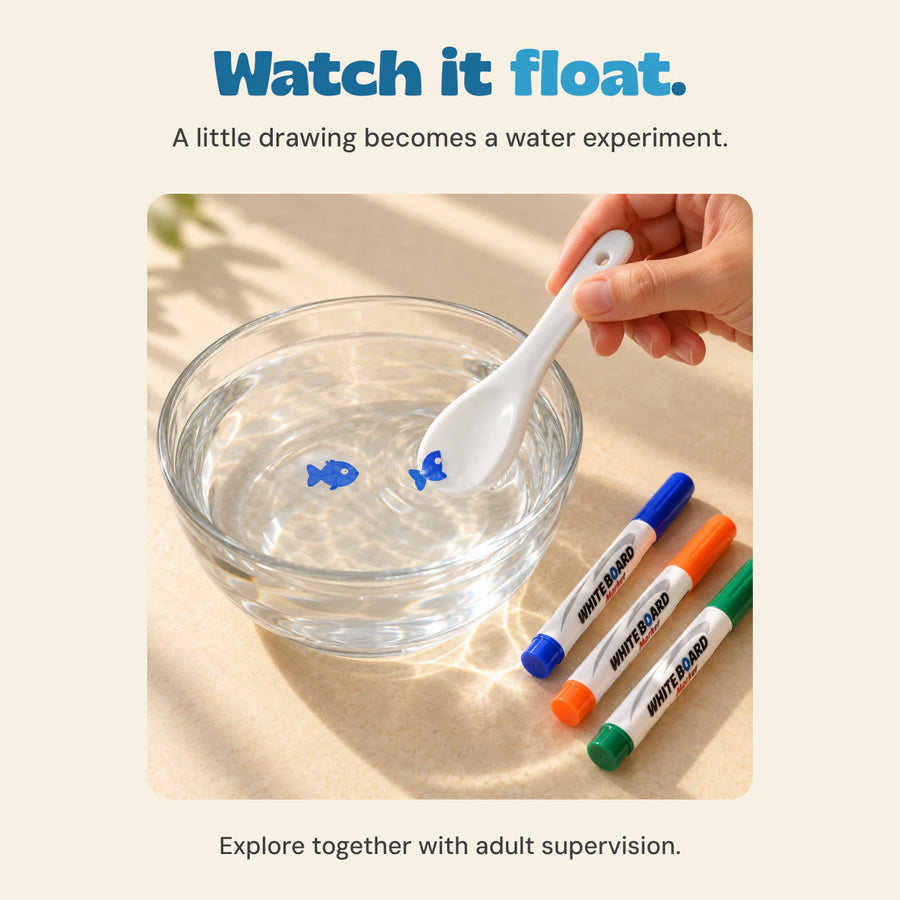 An adult hand dips the white ceramic spoon into water as a blue ink fish floats beside it.