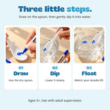Three steps for the floating marker activity: draw on the dry spoon, dip it gently into water, and watch the drawing float.